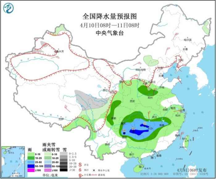 图3 全国降水量预报图(4月10日08时-11日08时)