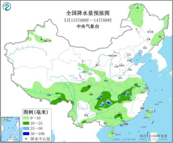 全国降水量预报图(5月13日08时-14日08时)