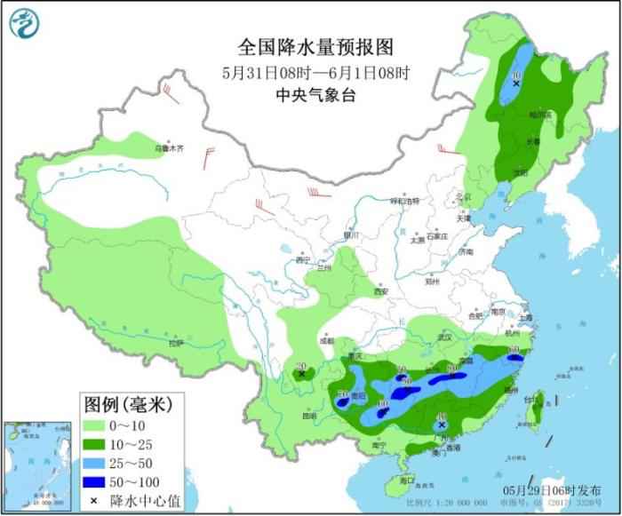 全国降水量预报图(5月31日08时-6月1日08时)