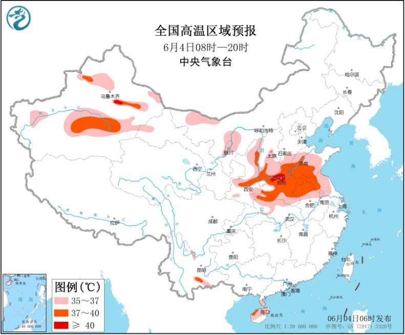 图2全国高温区域预报(6月4日08时-4日20时)