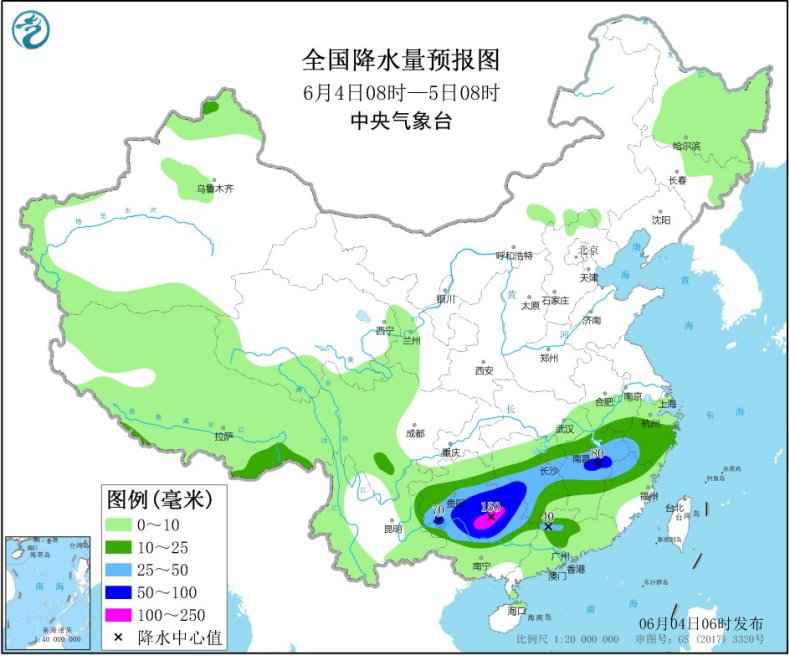 图3 全国降水量预报图(6月4日08时-5日08时)