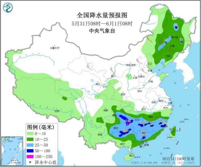 全国降水量预报图(5月31日08时-6月1日08时)