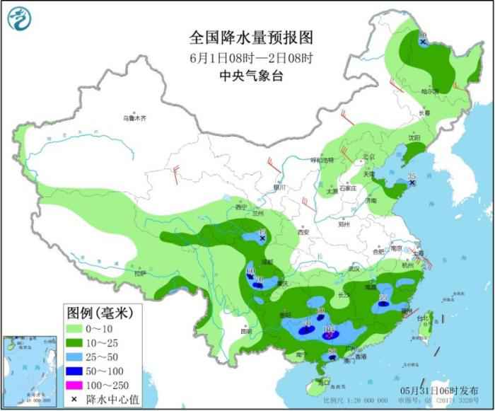 全国降水量预报图(6月1日08时-2日08时)