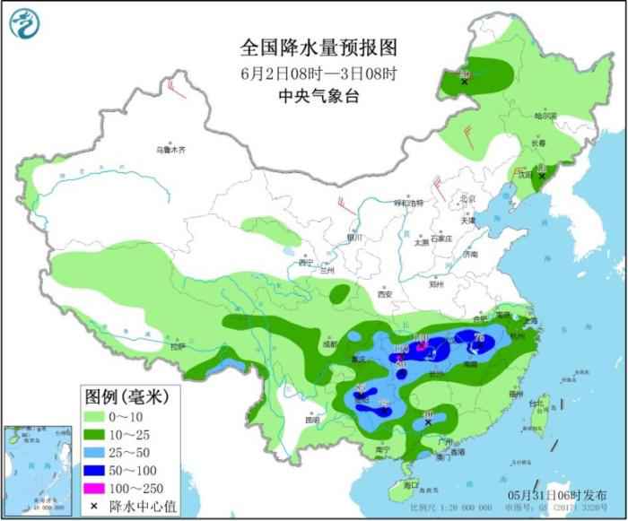 全国降水量预报图(6月2日08时-3日08时)。