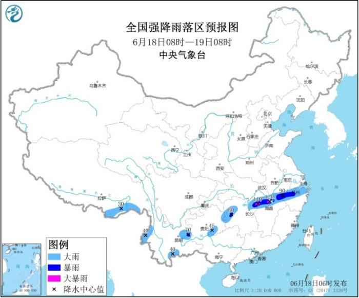 全国强降雨落区预报图(6月18日8时-19日8时)