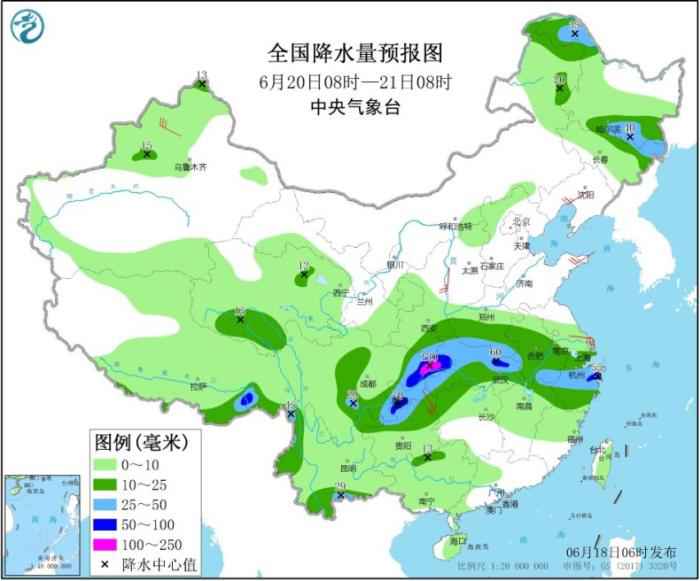 全国降水量预报图(6月20日8时-21日8时)