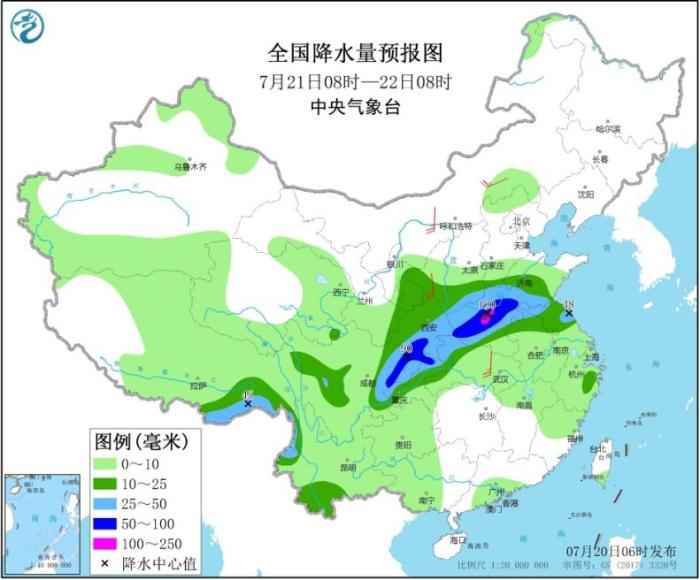 图2 全国降水量预报图(7月21日08时-22日08时)