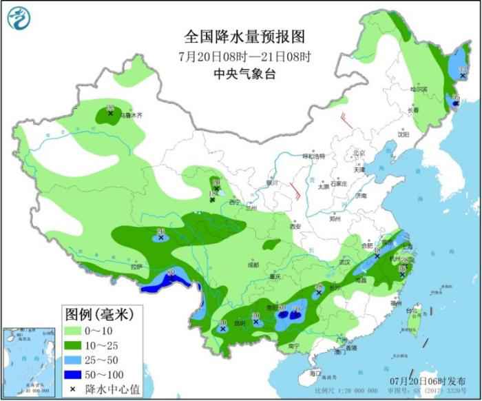 图1 全国降水量预报图(7月20日08时-21日08时)