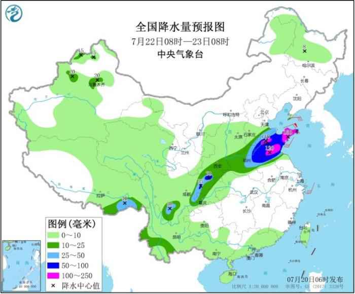 图3 全国降水量预报图(7月22日08时-23日08时)