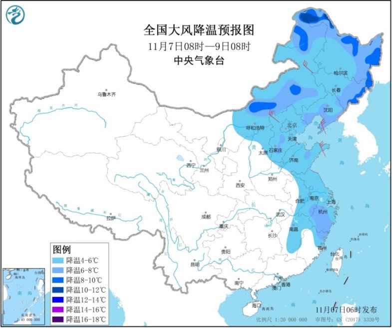 　　图1全国大风降温预报图(11月7日08时-11月9日08时)